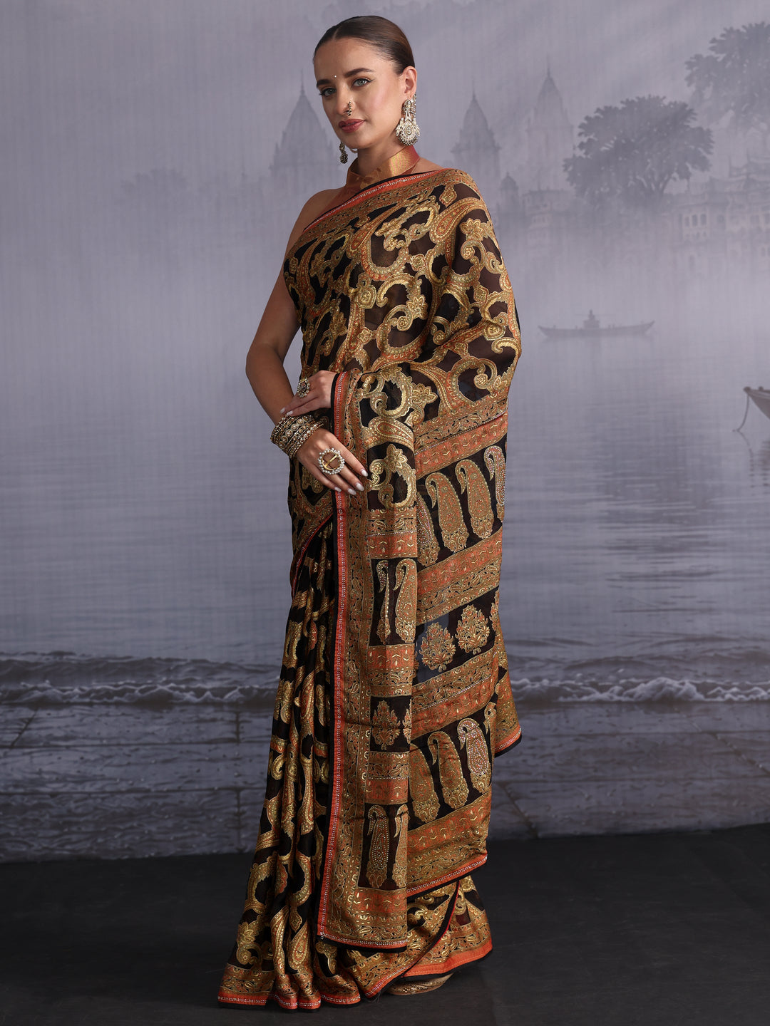  Libas Black Paisley Printed Georgette Saree 