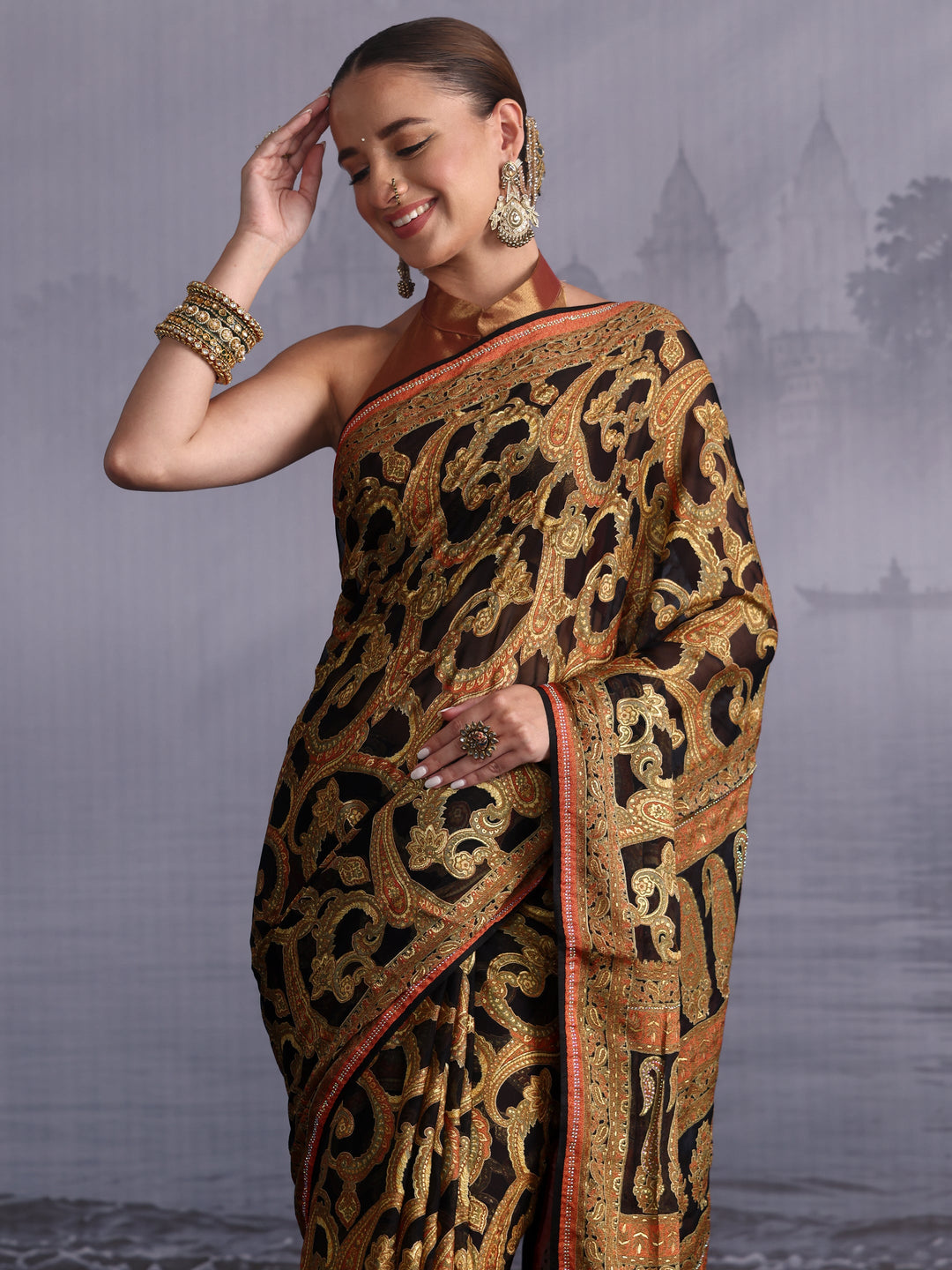  Libas Black Paisley Printed Georgette Saree 