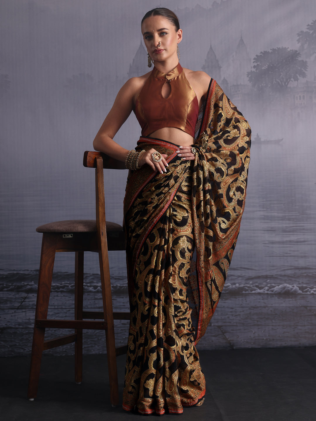  Libas Black Paisley Printed Georgette Saree 