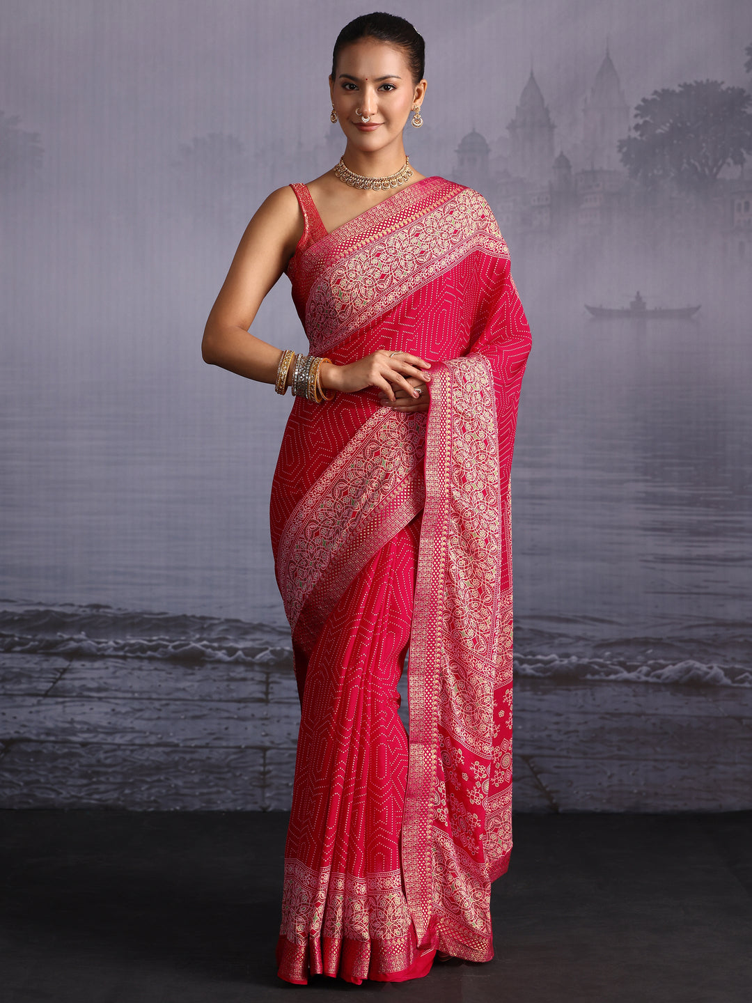 Libas Ruby Red Printed Georgette Saree with Floral Border 