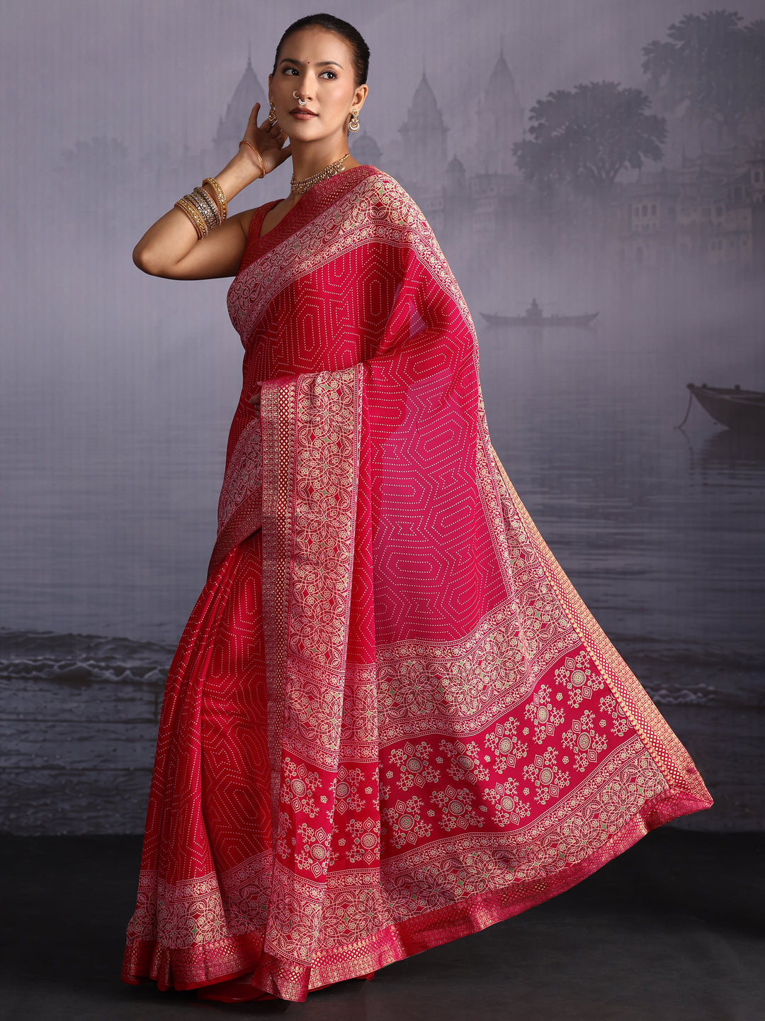  Libas Ruby Red Printed Georgette Saree with Floral Border 