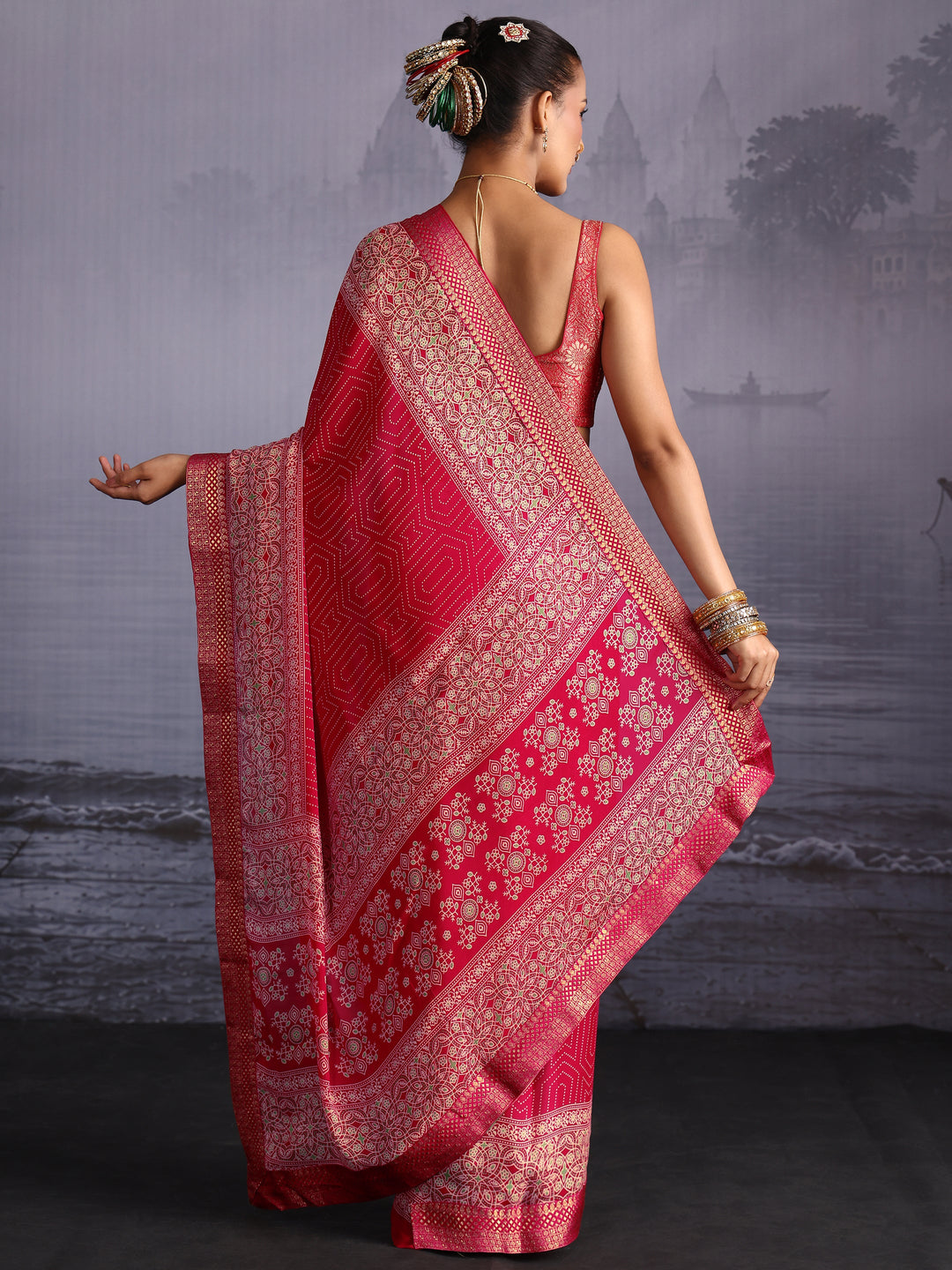  Libas Ruby Red Printed Georgette Saree with Floral Border 