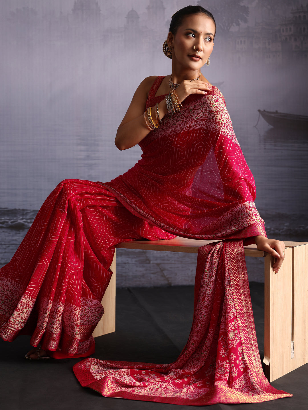  Libas Ruby Red Printed Georgette Saree with Floral Border 