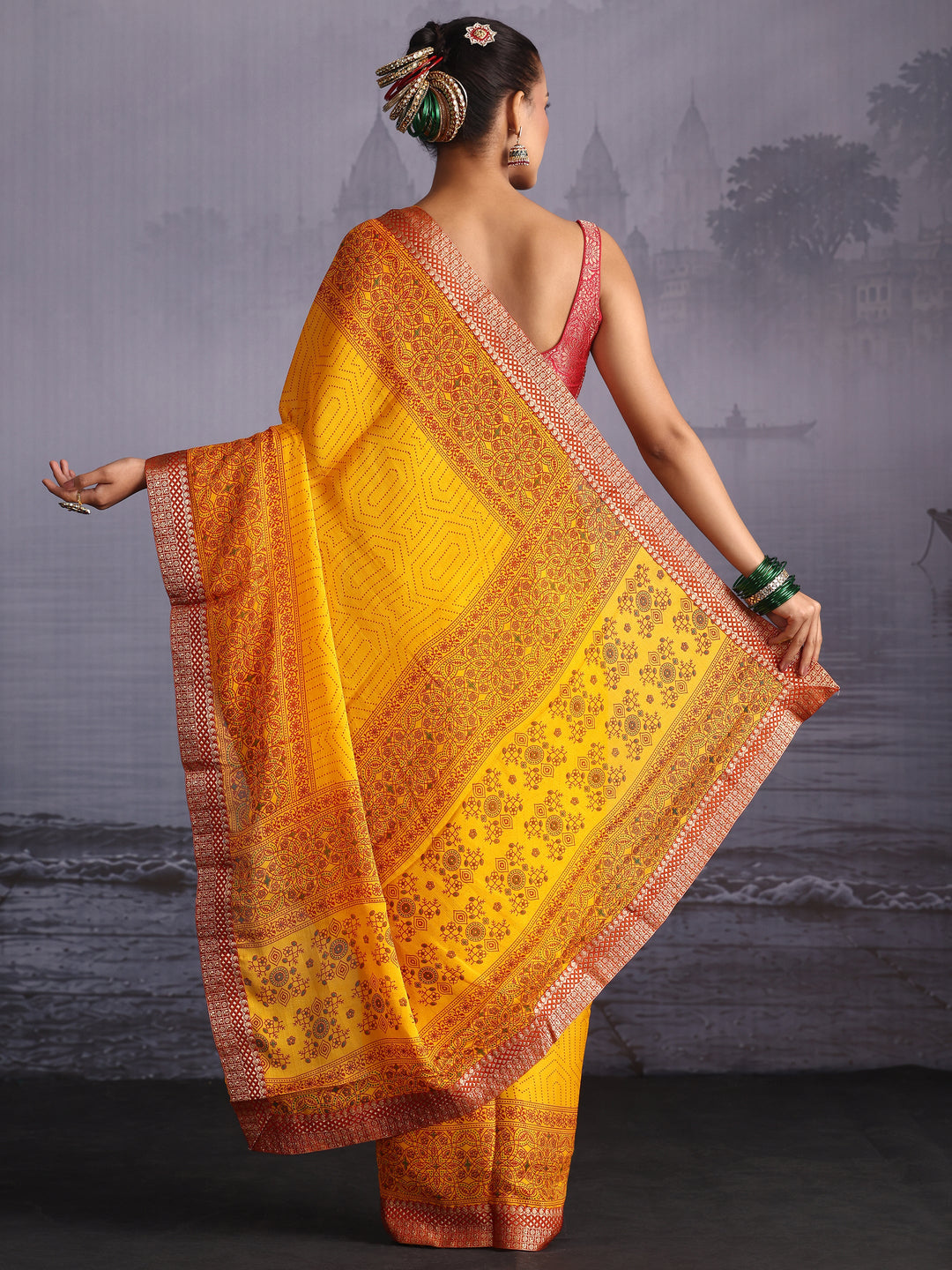  Libas Mustard Printed Georgette Saree with Floral Border 
