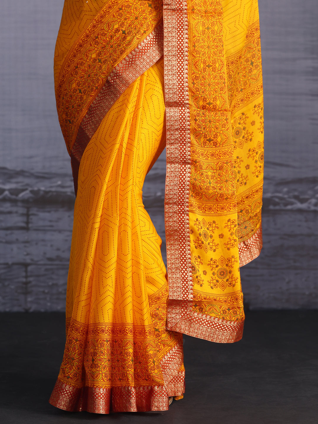  Libas Mustard Printed Georgette Saree with Floral Border 