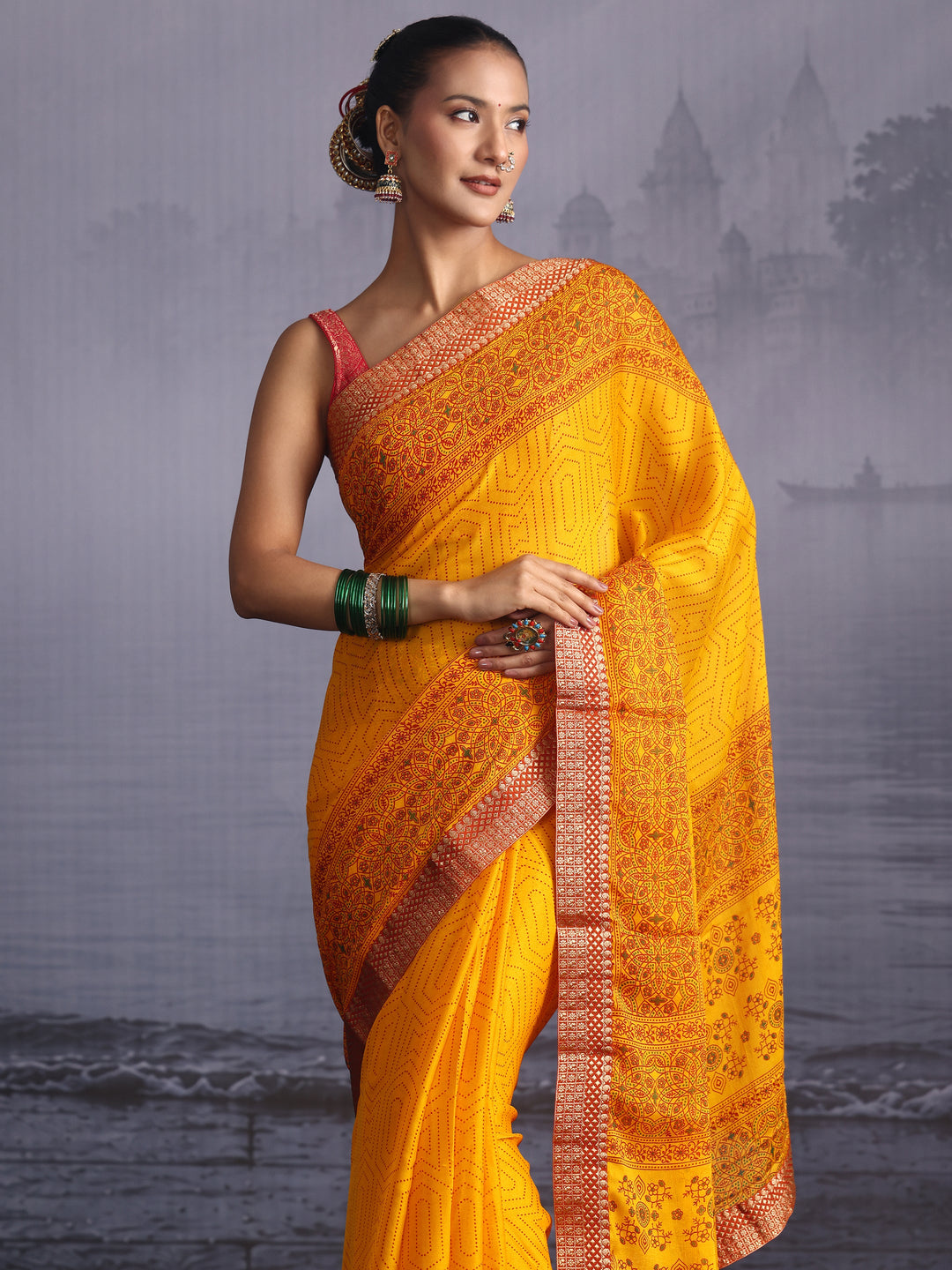  Libas Mustard Printed Georgette Saree with Floral Border 