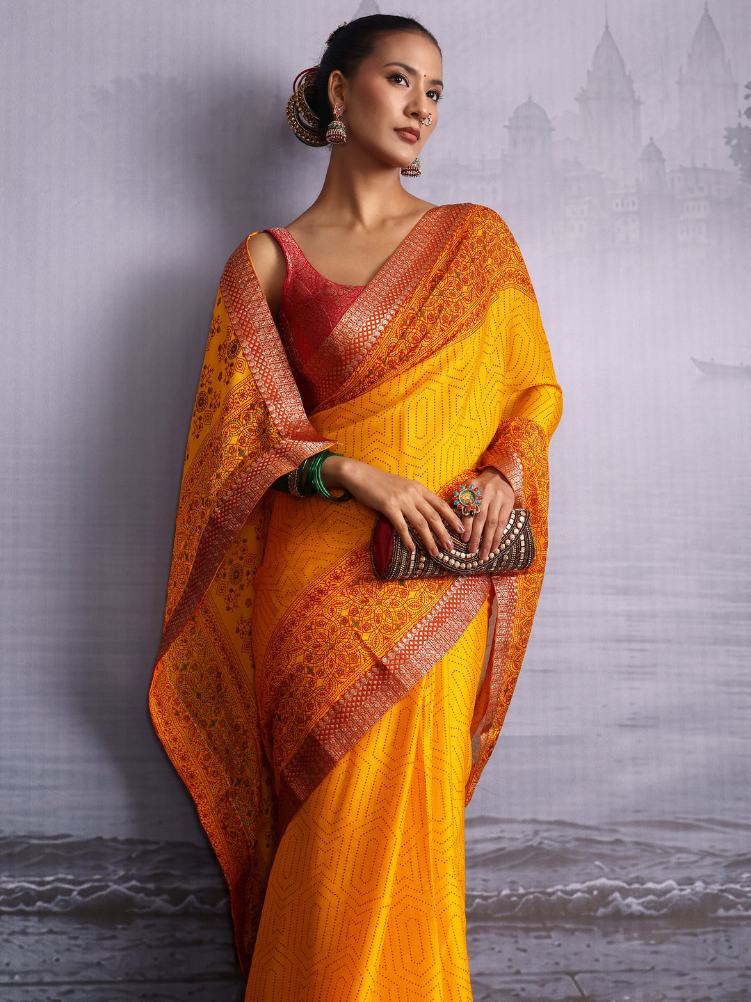  Libas Mustard Printed Georgette Saree with Floral Border 