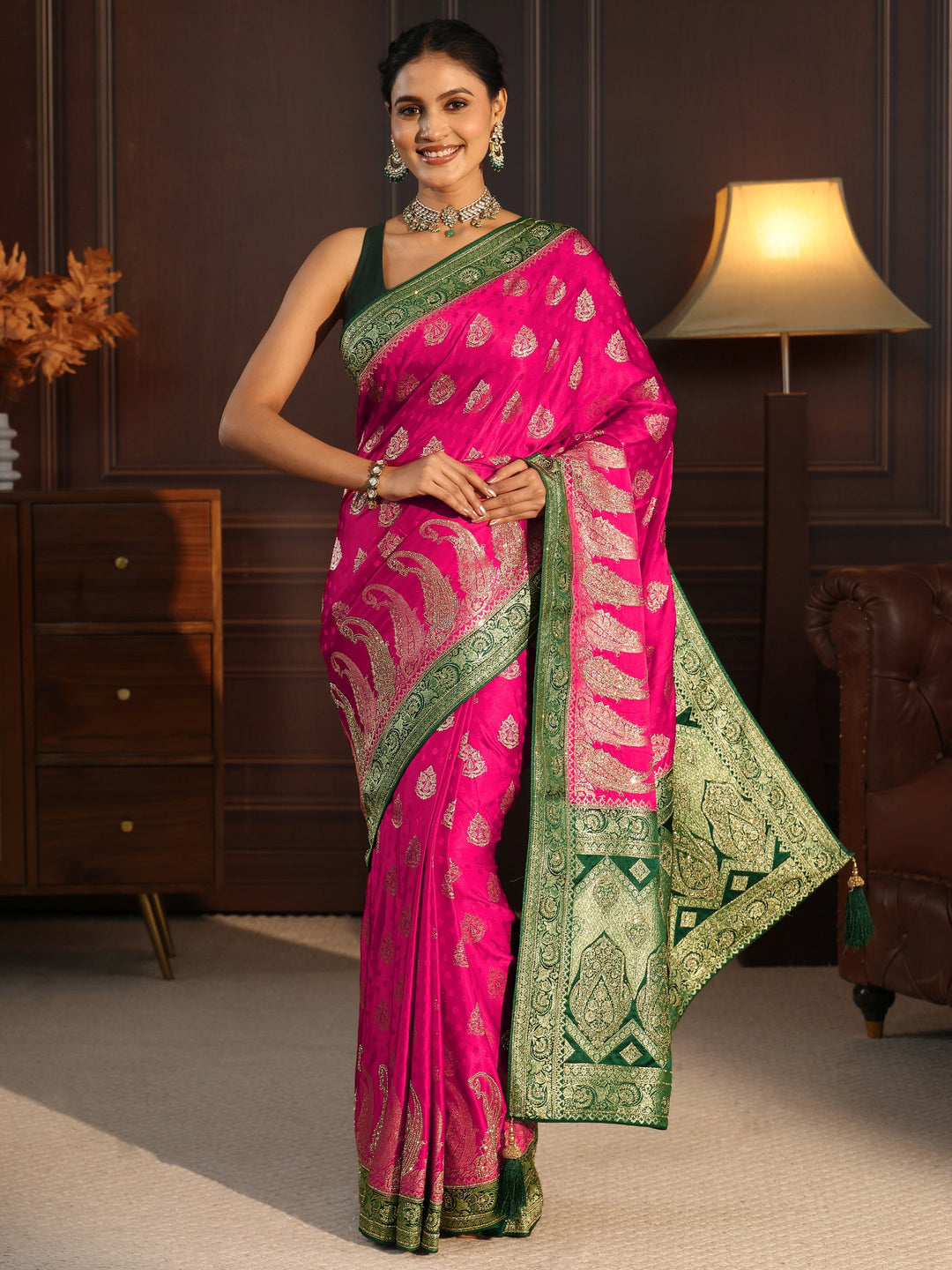  Libas Art Pink and Green Banarasi Silk Saree with Stone Work 