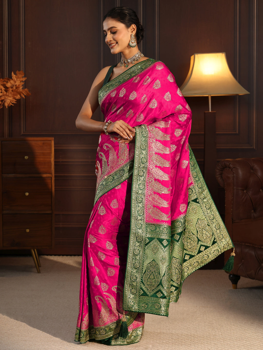  Libas Art Pink and Green Banarasi Silk Saree with Stone Work 