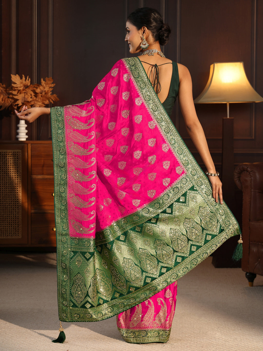  Libas Art Pink and Green Banarasi Silk Saree with Stone Work 