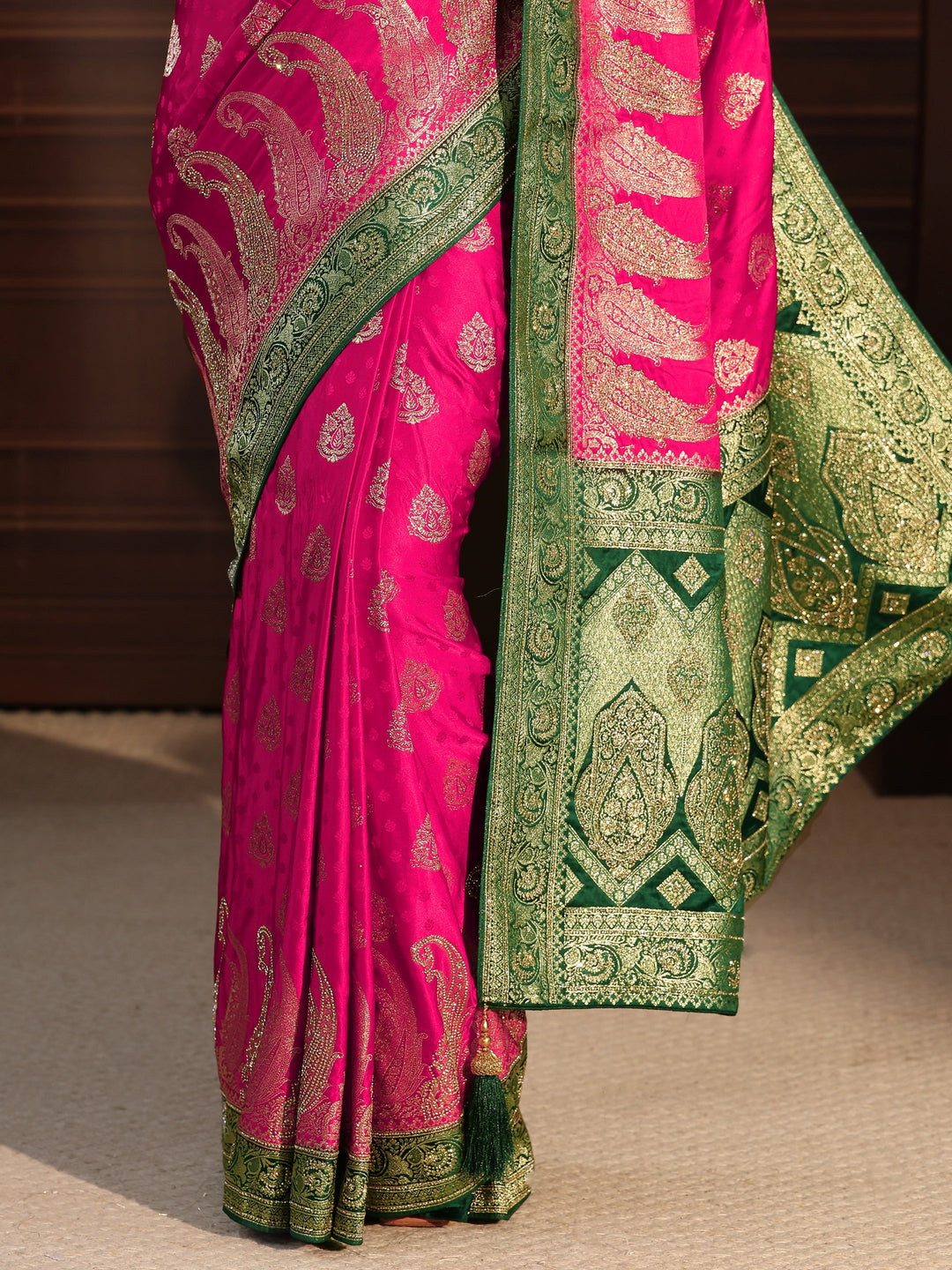  Libas Art Pink and Green Banarasi Silk Saree with Stone Work 