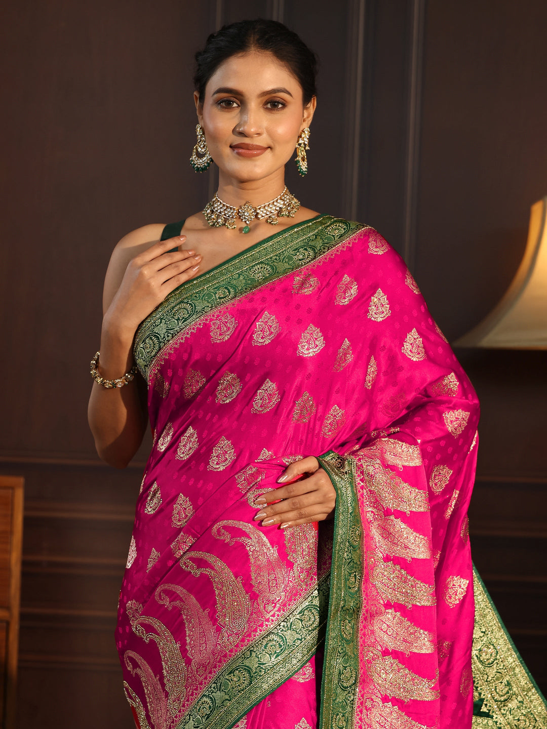  Libas Art Pink and Green Banarasi Silk Saree with Stone Work 