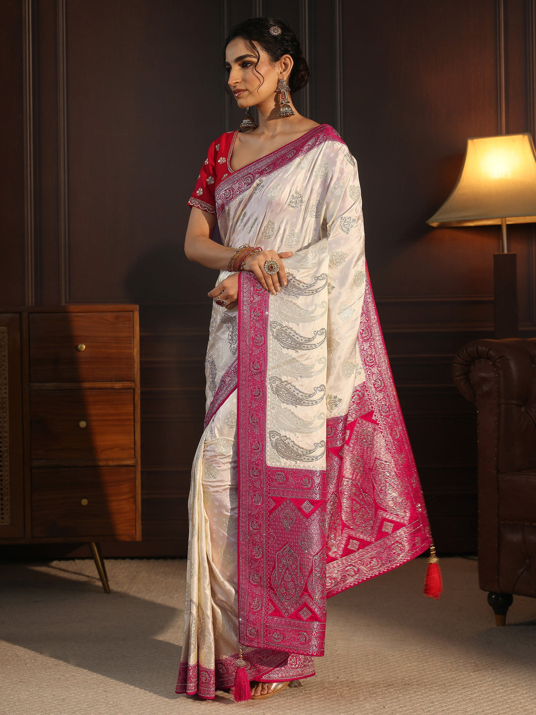  Libas Art Cream and Red Banarasi Silk Saree with Stone Work 
