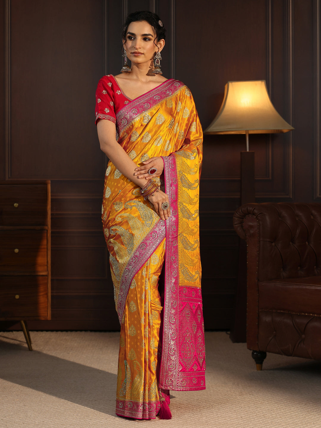  Libas Art Mustard and Red Banarasi Silk Saree with Stone Work 