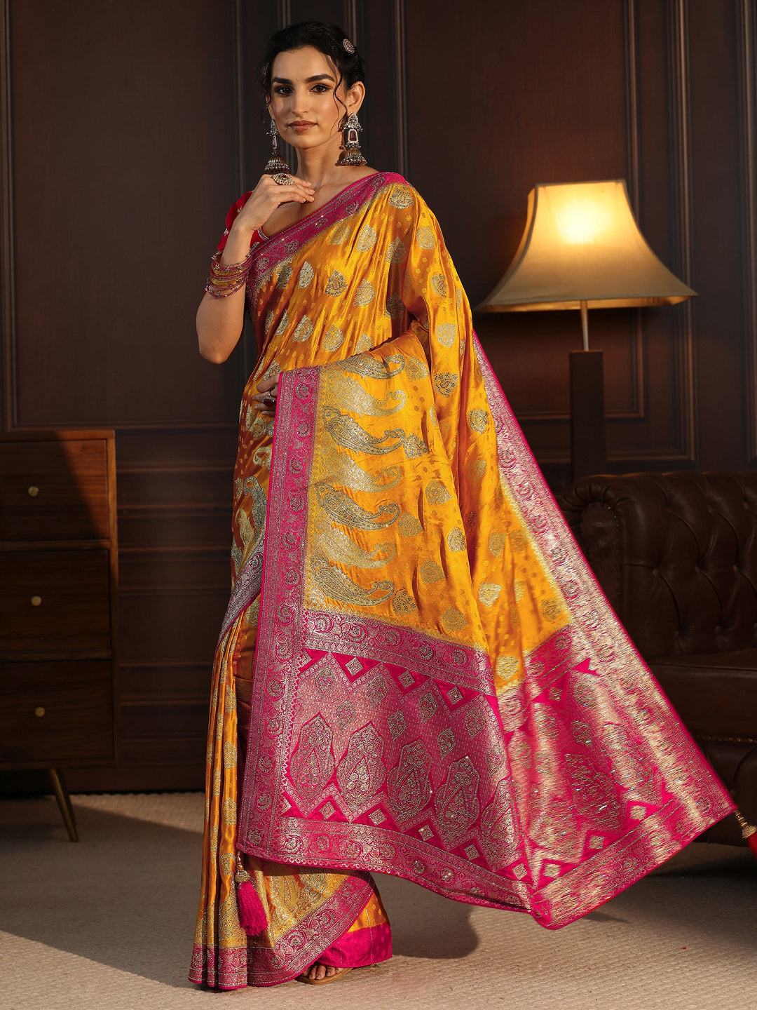  Libas Art Mustard and Red Banarasi Silk Saree with Stone Work 