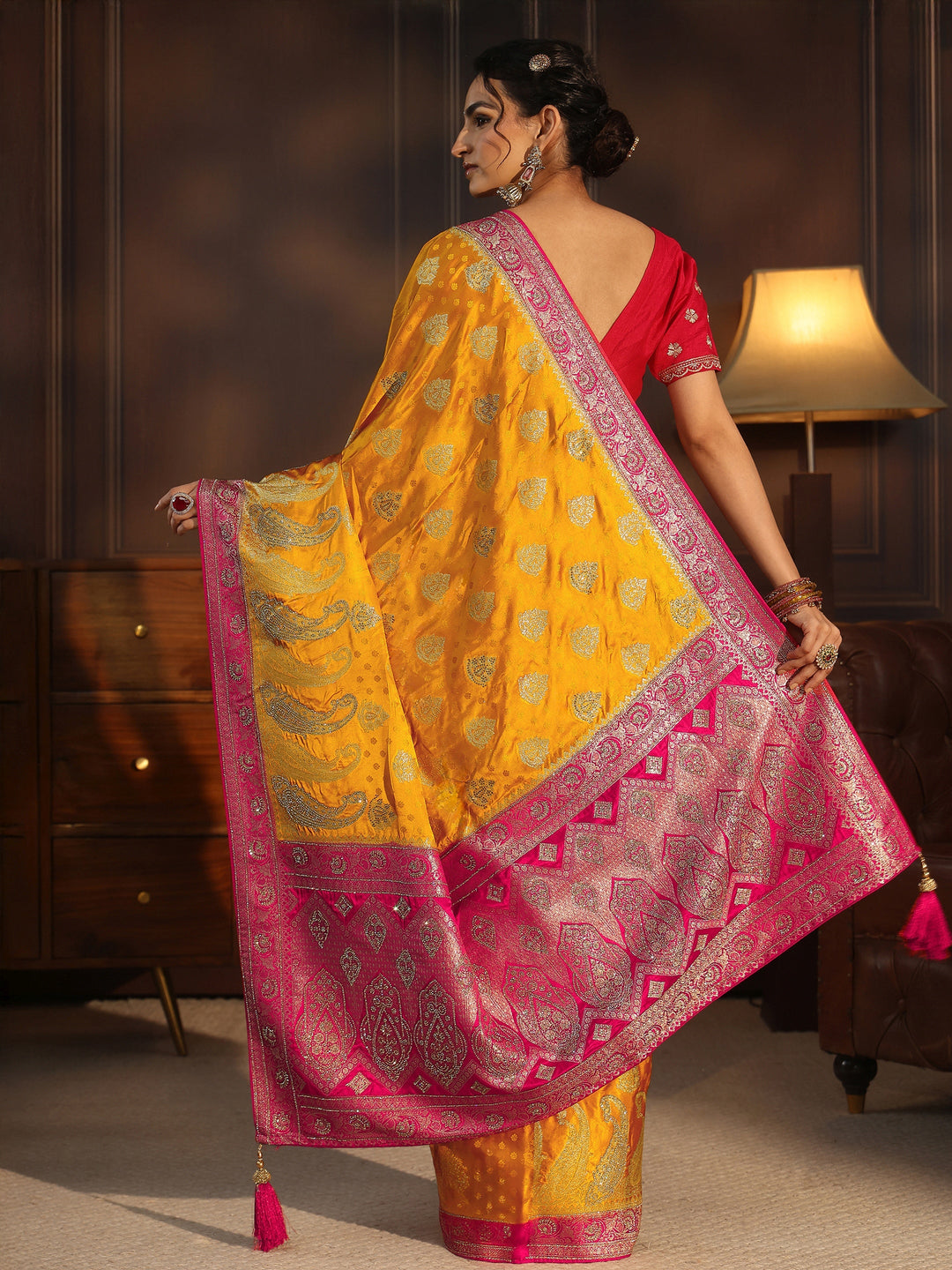  Libas Art Mustard and Red Banarasi Silk Saree with Stone Work 