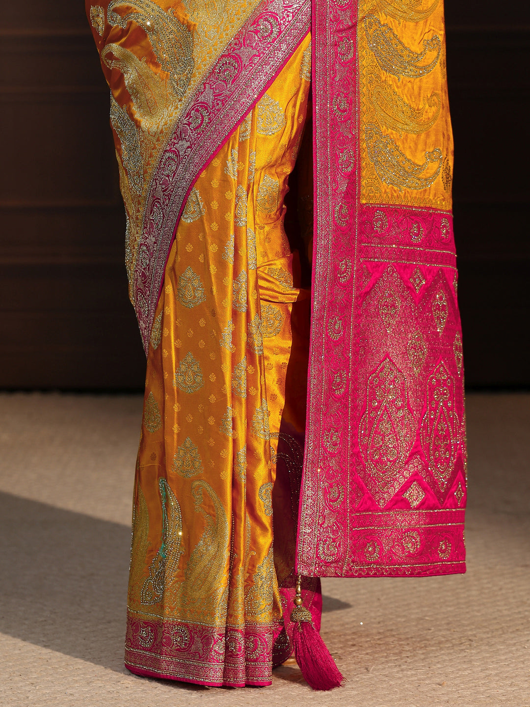  Libas Art Mustard and Red Banarasi Silk Saree with Stone Work 