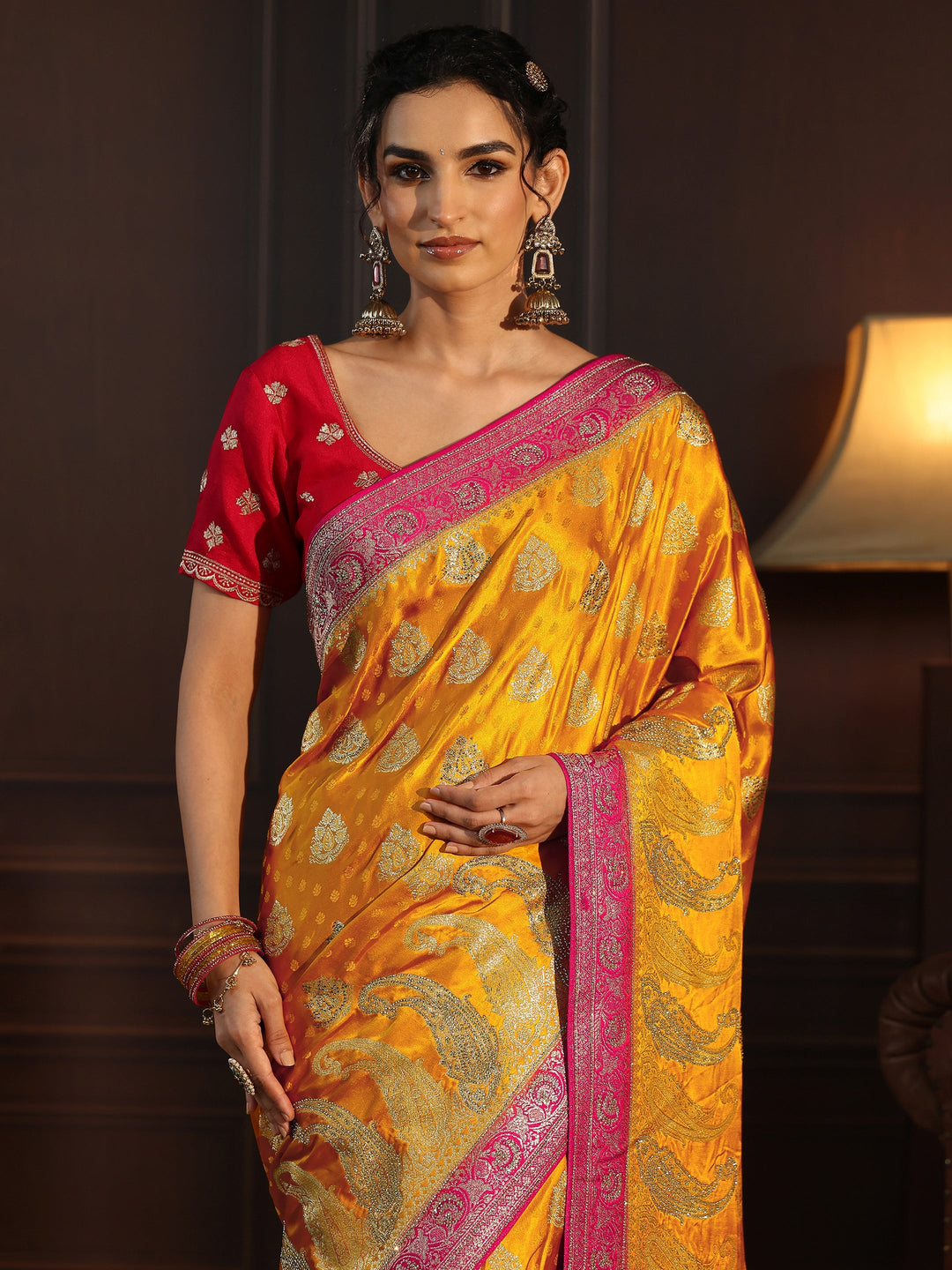  Libas Art Mustard and Red Banarasi Silk Saree with Stone Work 