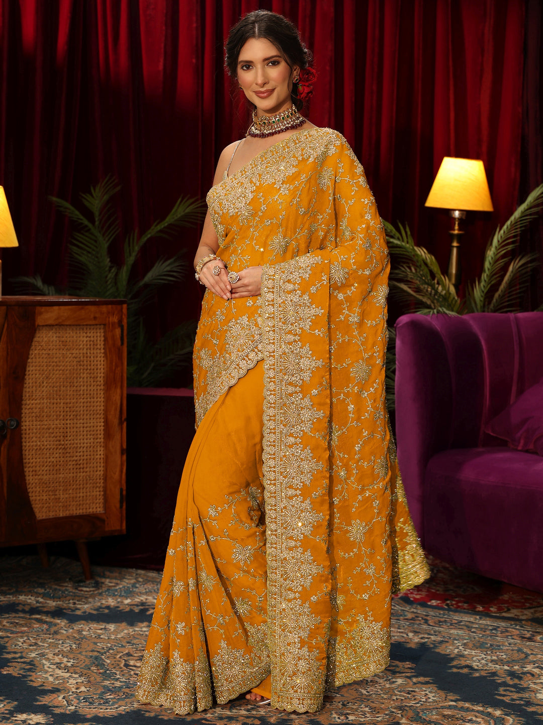  Libas Art Mustard Floral Zari Embroidered Tissue Saree 