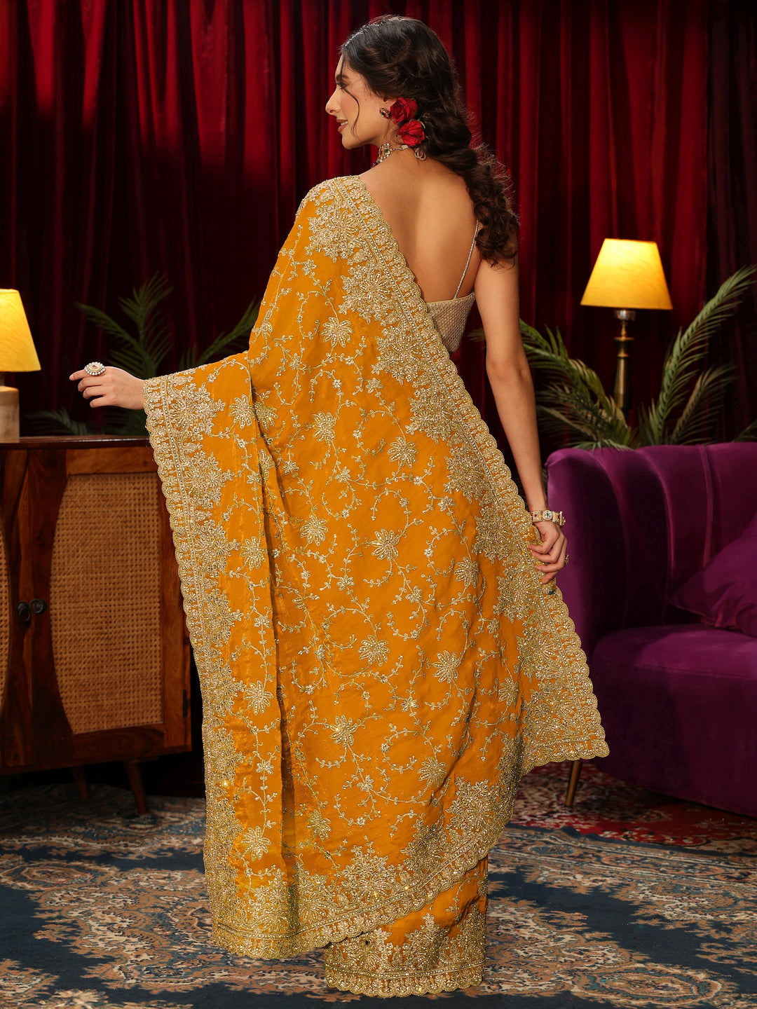  Libas Art Mustard Floral Zari Embroidered Tissue Saree 