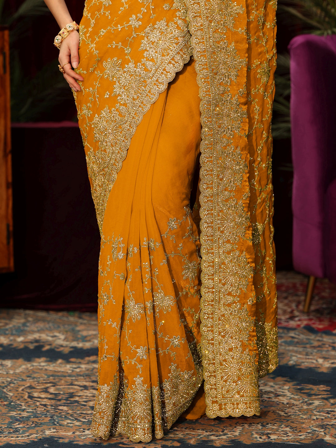  Libas Art Mustard Floral Zari Embroidered Tissue Saree 