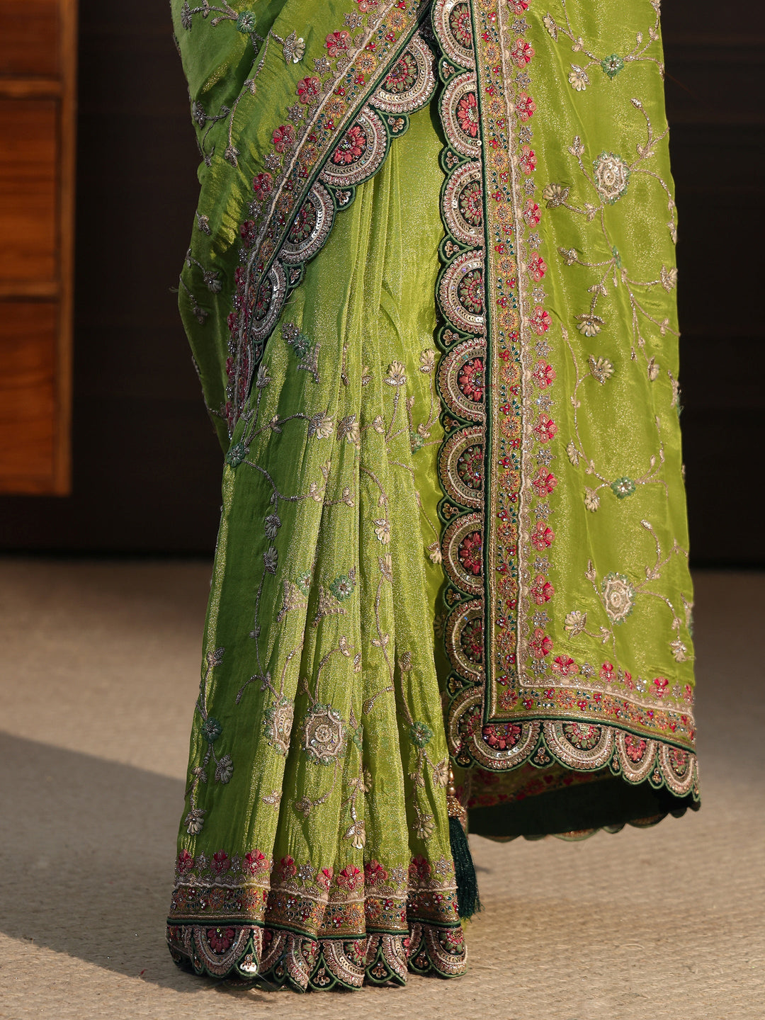  Libas Art Green Floral Embroidered Satin Saree with Scalloped Border 
