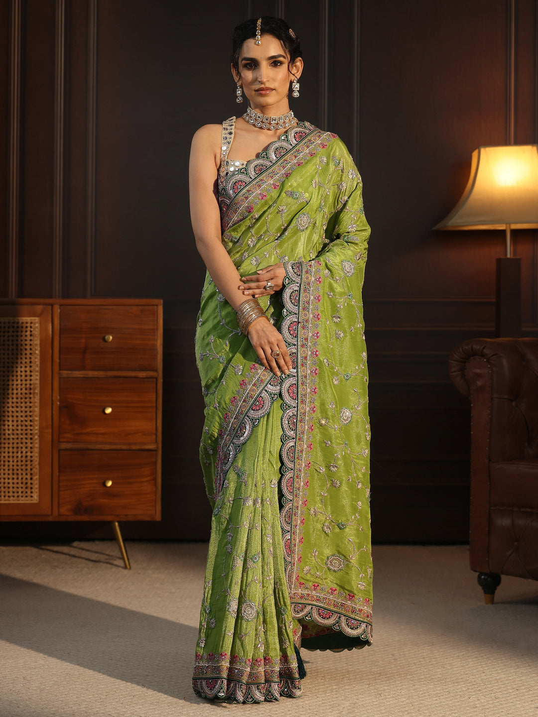 Libas Art Green Floral Embroidered Satin Saree with Scalloped Border 