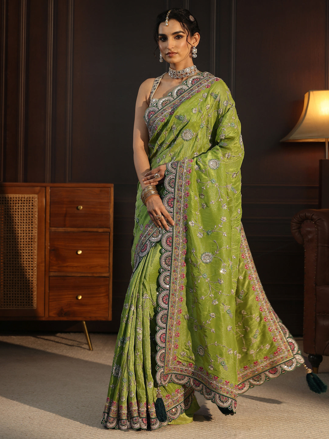  Libas Art Green Floral Embroidered Satin Saree with Scalloped Border 