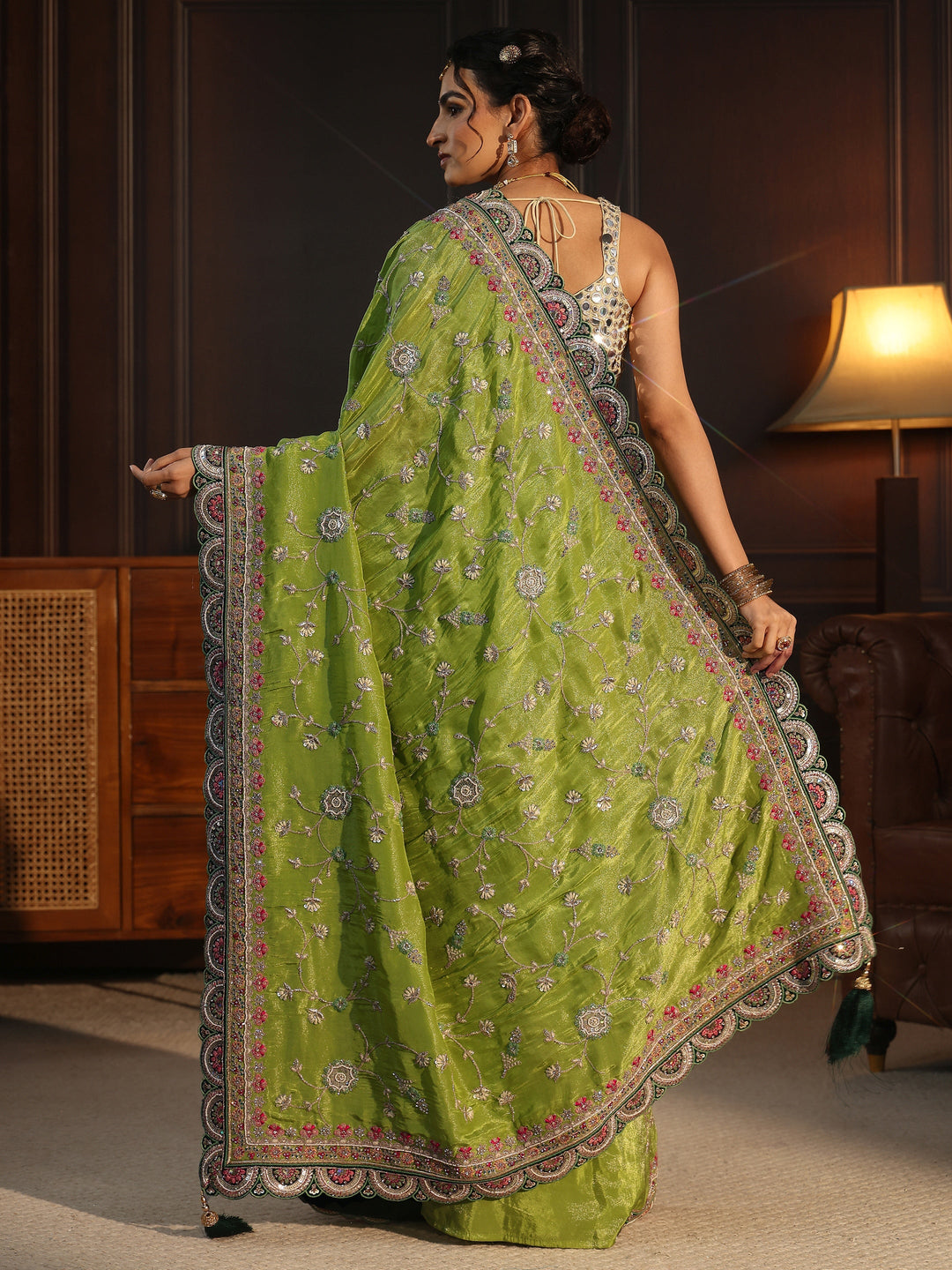  Libas Art Green Floral Embroidered Satin Saree with Scalloped Border 