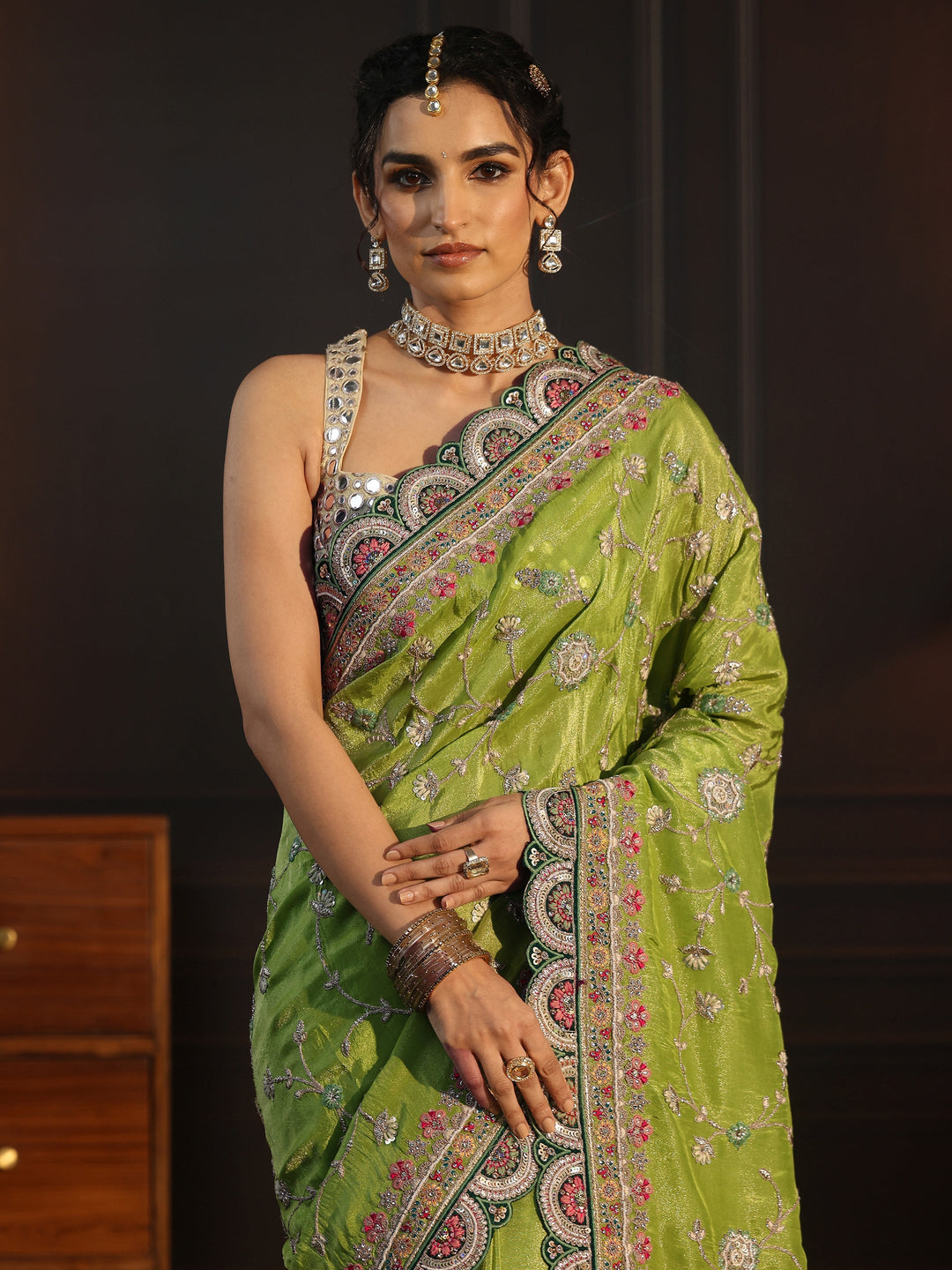  Libas Art Green Floral Embroidered Satin Saree with Scalloped Border 