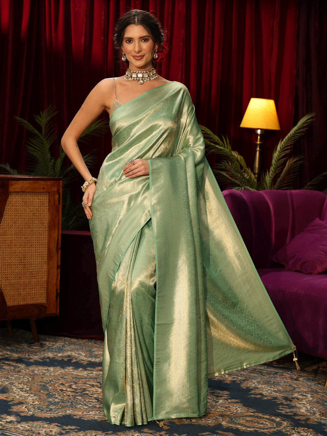  Libas Mint Green Floral Woven Design Silk Blend Saree 
