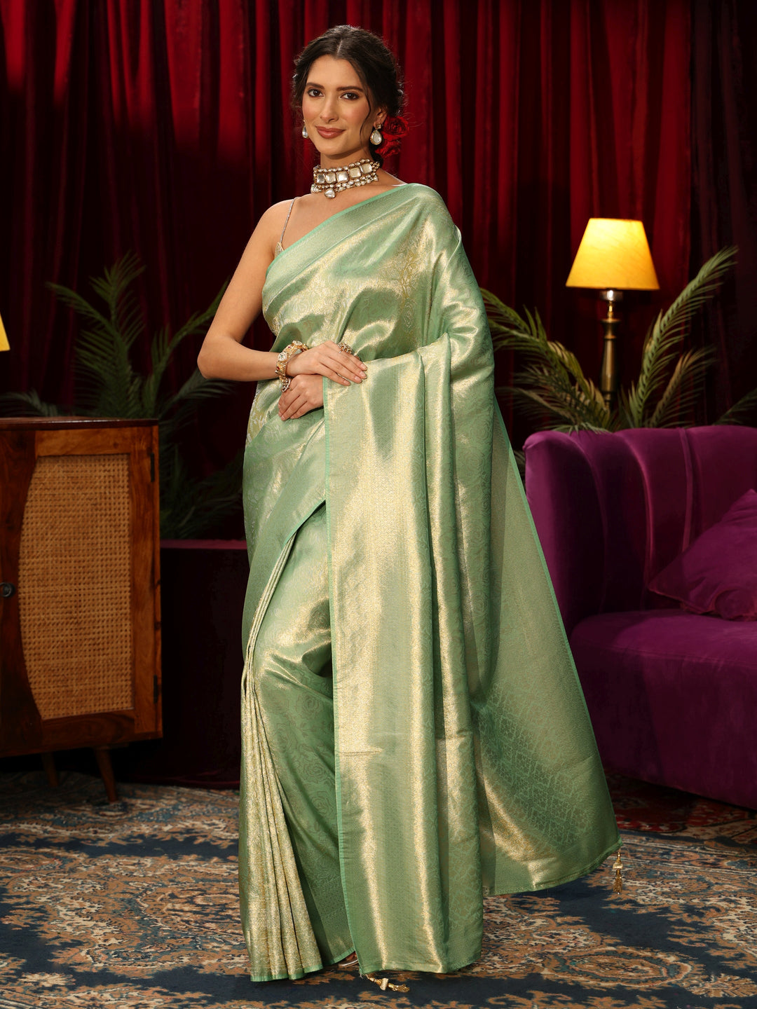  Libas Mint Green Floral Woven Design Silk Blend Saree 