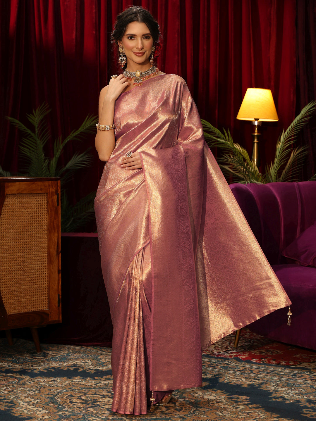  Libas Rose Pink Floral Woven Design Silk Blend Saree 