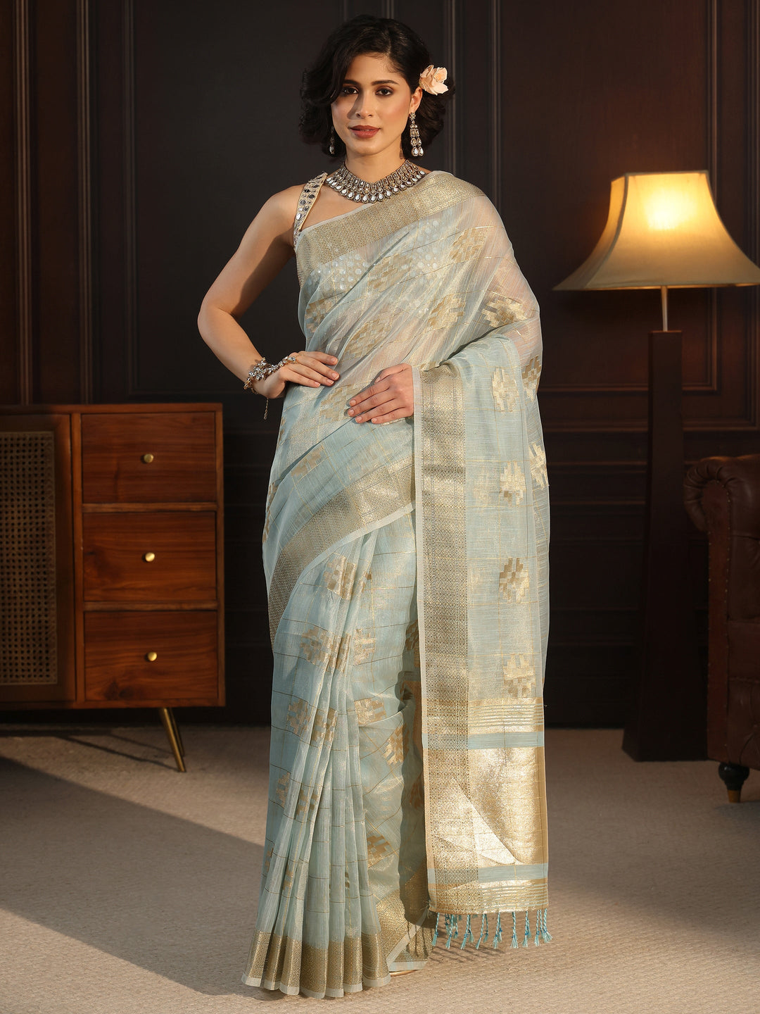  Libas Light Blue Woven Design Chanderi Silk Saree 