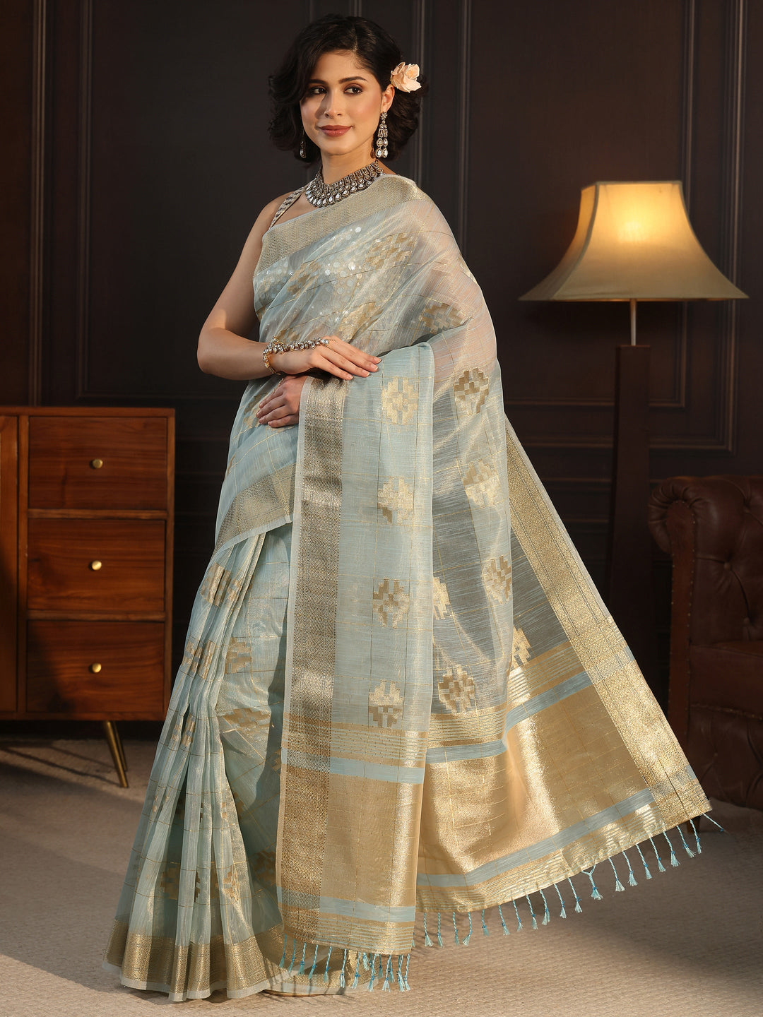  Libas Light Blue Woven Design Chanderi Silk Saree 