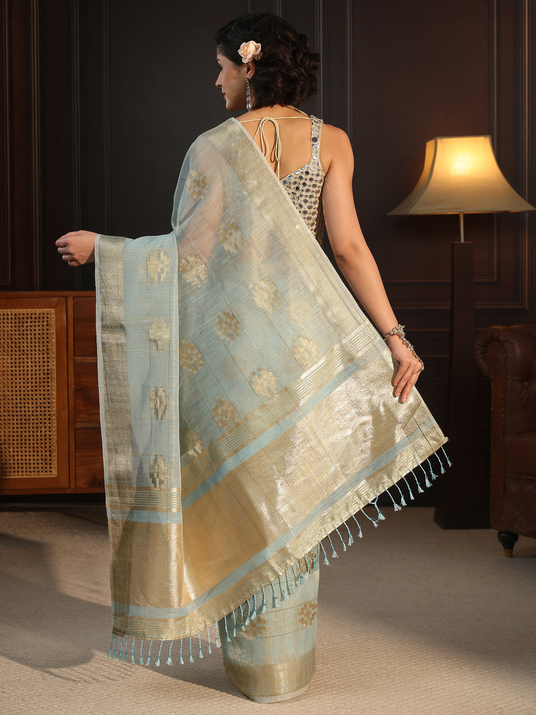  Libas Light Blue Woven Design Chanderi Silk Saree 