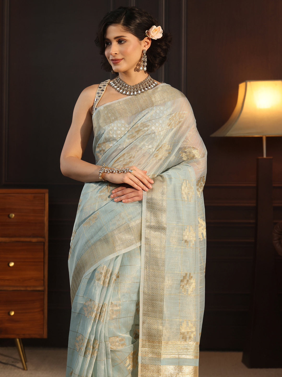  Libas Light Blue Woven Design Chanderi Silk Saree 