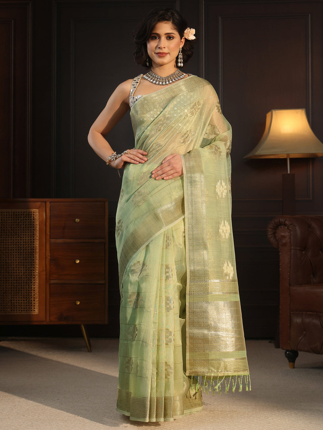  Libas Sage Green Woven Design Chanderi Silk Saree 