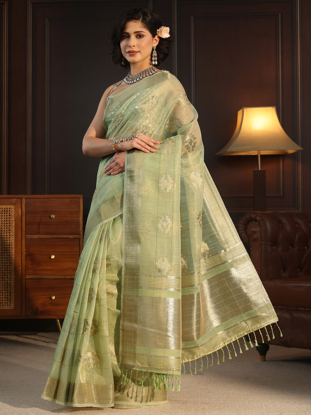  Libas Sage Green Woven Design Chanderi Silk Saree 