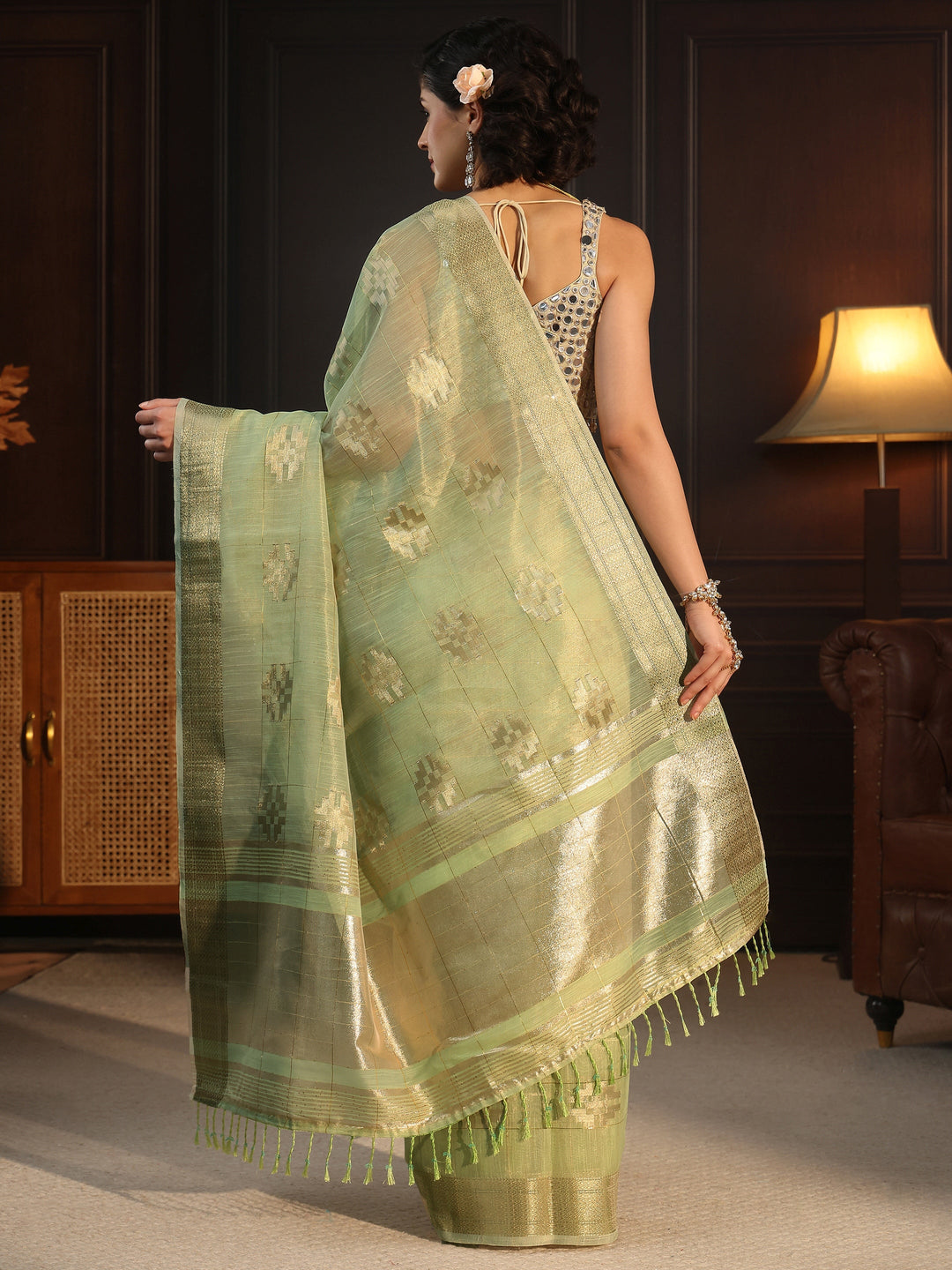  Libas Sage Green Woven Design Chanderi Silk Saree 