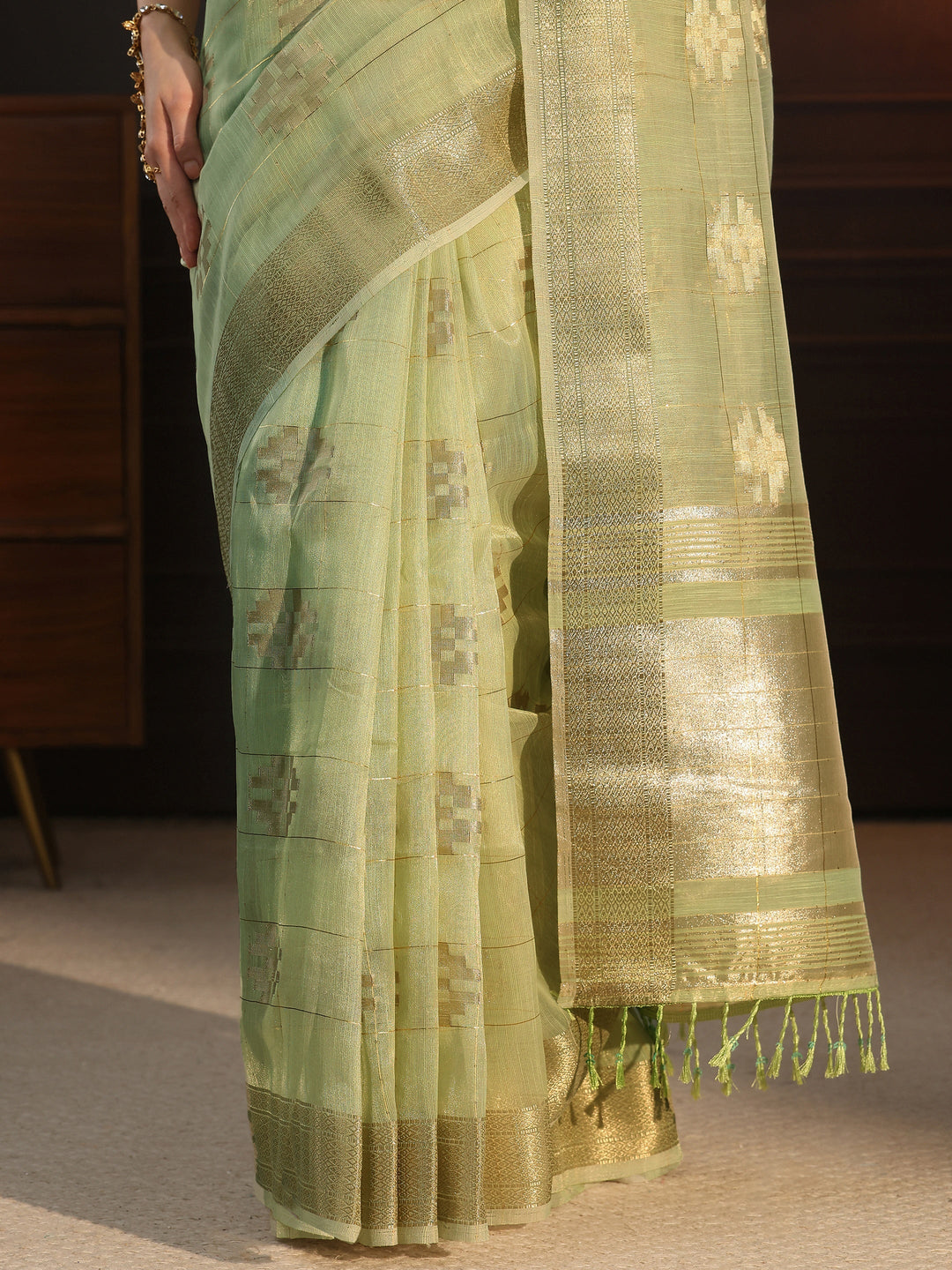  Libas Sage Green Woven Design Chanderi Silk Saree 