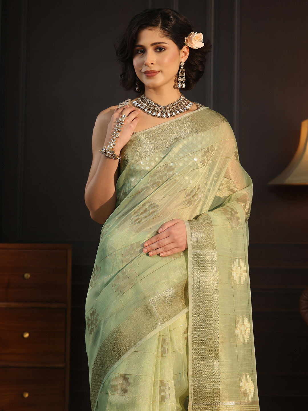  Libas Sage Green Woven Design Chanderi Silk Saree 