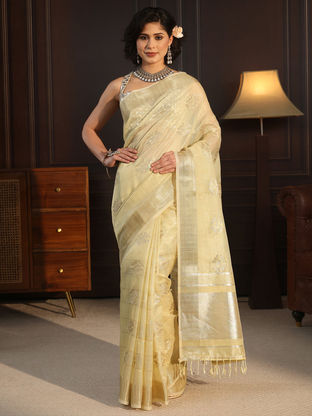  Libas Mustard Woven Design Chanderi Silk Saree 