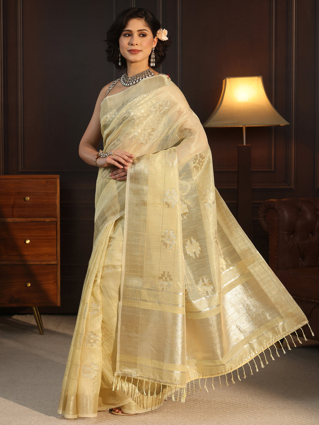  Libas Mustard Woven Design Chanderi Silk Saree 