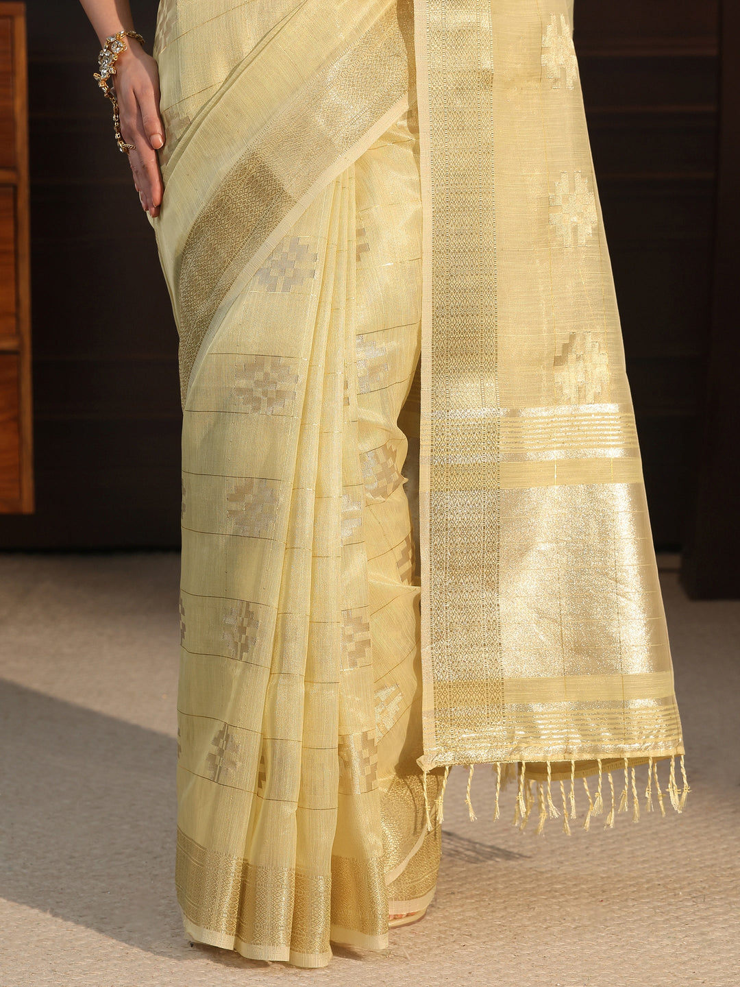  Libas Mustard Woven Design Chanderi Silk Saree 
