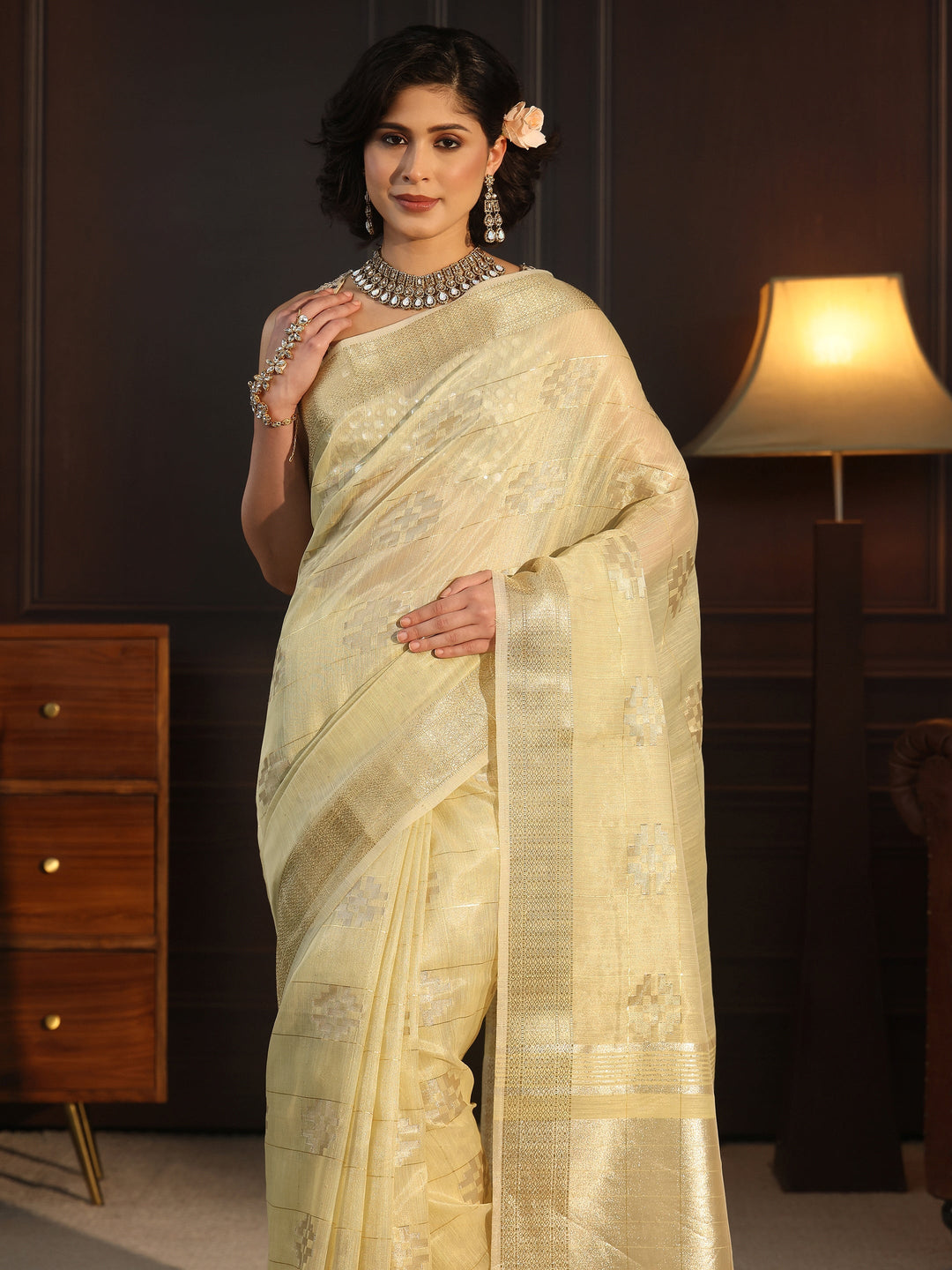  Libas Mustard Woven Design Chanderi Silk Saree 