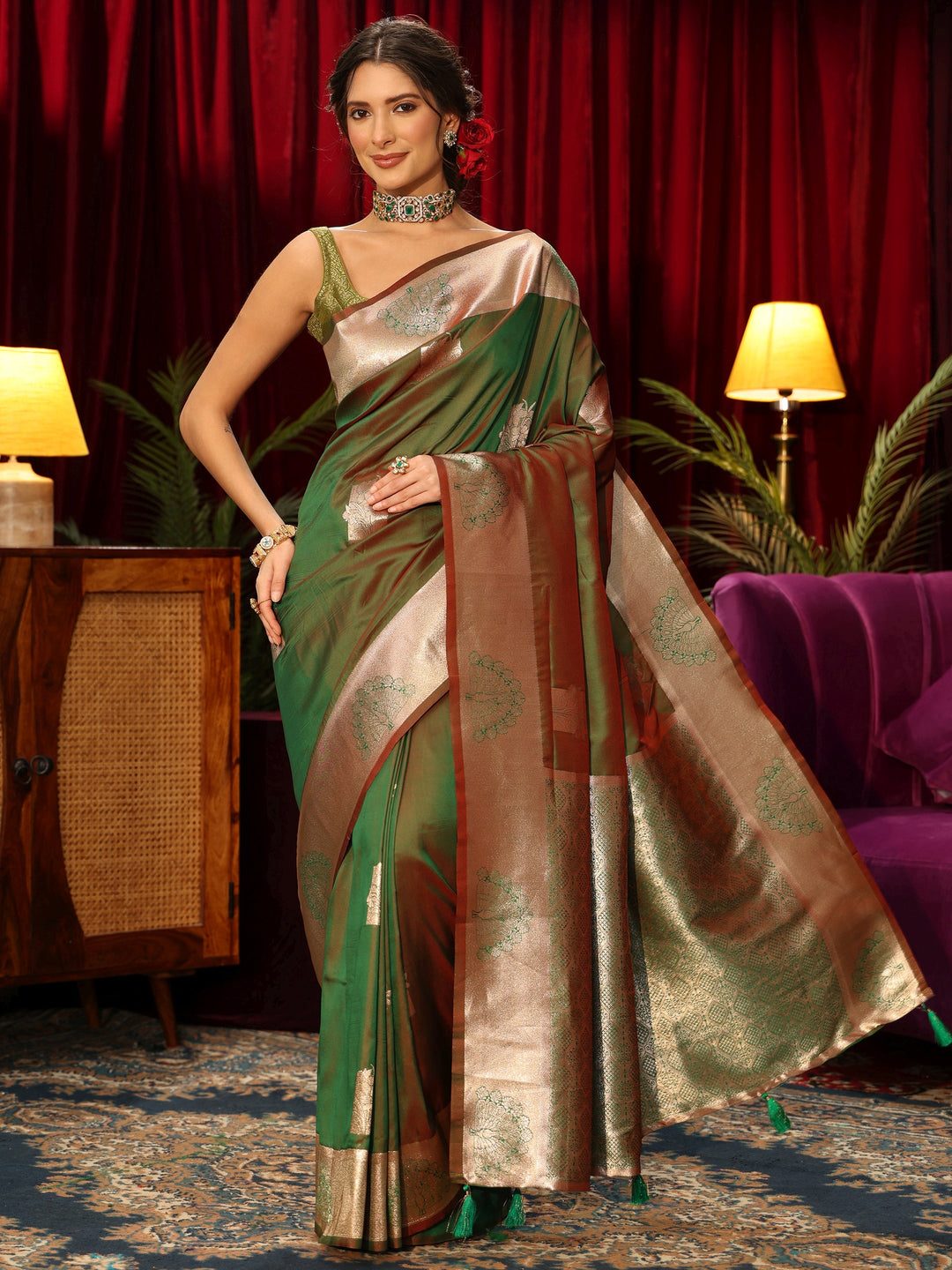  Libas Green Peacock Woven Design Silk Blend Saree 