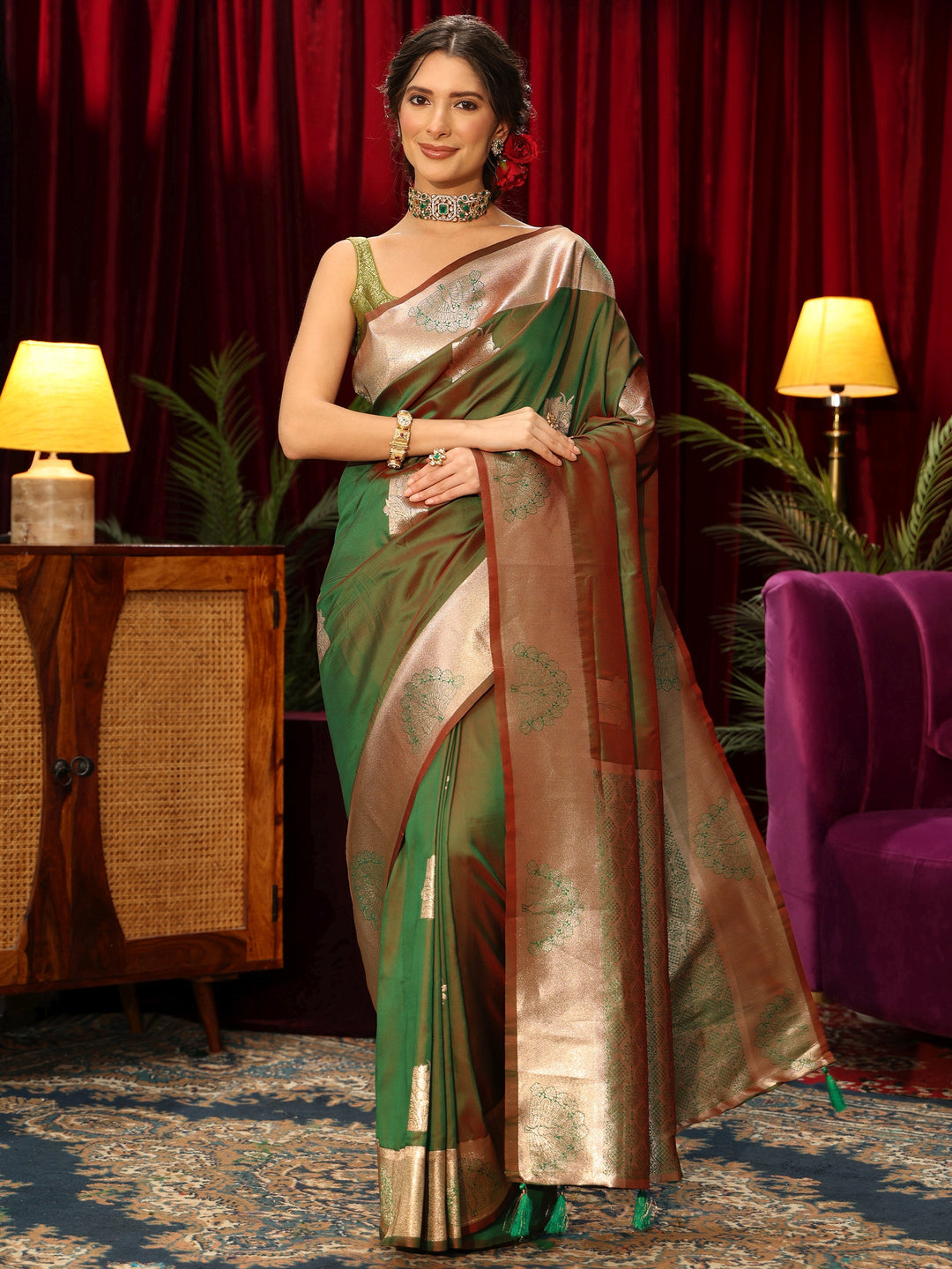  Libas Green Peacock Woven Design Silk Blend Saree 