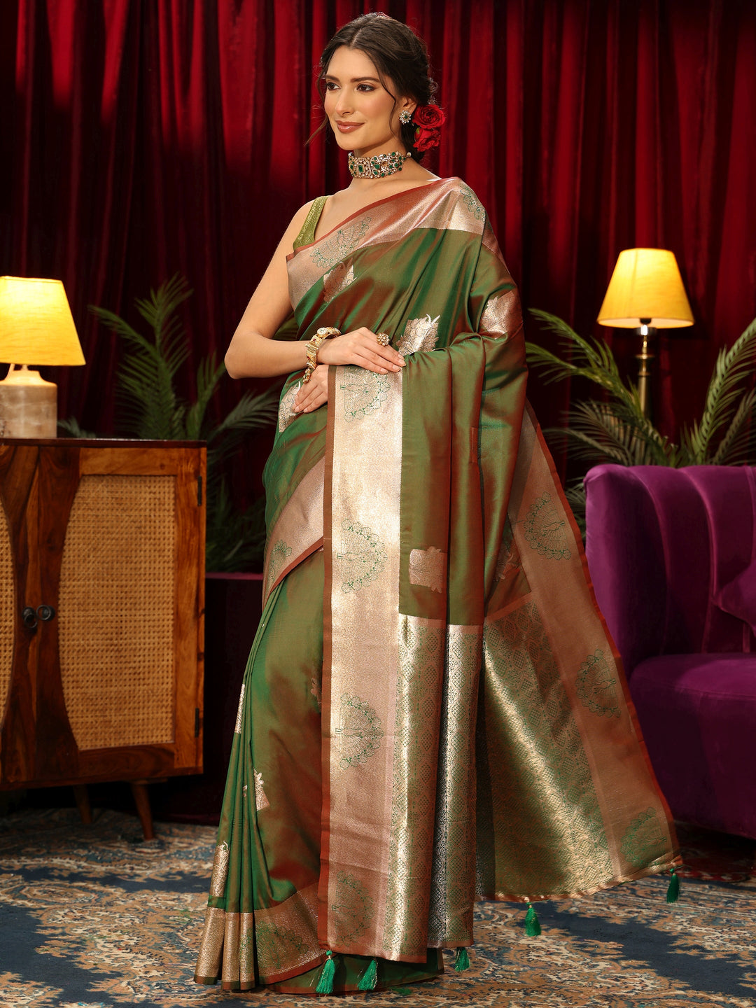  Libas Green Peacock Woven Design Silk Blend Saree 