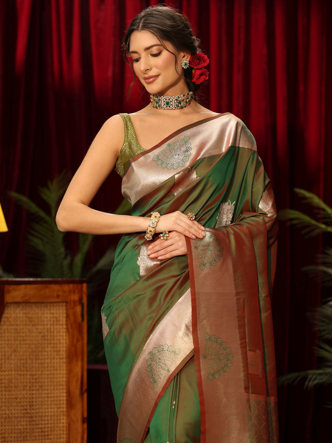  Libas Green Peacock Woven Design Silk Blend Saree 